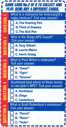 1999 Meadow Fresh Milk South Island Stars of Rugby - Trivia Game #2 Game Card 2 Front